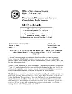 Office of the Attorney General Robert E. Cooper, Jr. Department of Commerce and Insurance Commissioner Leslie Newman  NEWS RELEASE