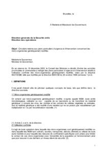 Bruxelles, le  A Madame et Messieurs les Gouverneurs Direction générale de la Sécurité civile Direction des opérations