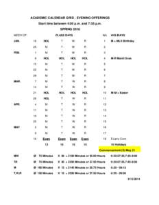 ACADEMIC CALENDAR GRID - EVENING OFFERINGS Start time between 4:00 p.m. and 7:35 p.m. SPRING 2016 WEEK OF: JAN.