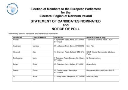 Election of Members to the European Parliament for the Electoral Region of Northern Ireland STATEMENT OF CANDIDATES NOMINATED and