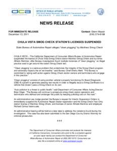 OFFICE OF PUBLIC AFFAIRS 1625 North Market Boulevard, Suite N-323, Sacramento, CA[removed]P[removed]F[removed] | www.dca.ca.gov NEWS RELEASE Contact: Glenn Mason