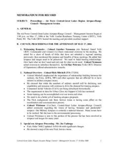 MEMORANDUM FOR RECORD SUBJECT: Proceedings – Air Force Central-Great Lakes Region Airspace/Range Council - Management Session