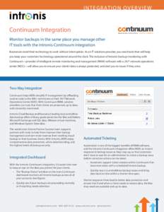 I N T E G R AT I O N O V E R V I E W  Continuum Integration Monitor backups in the same place you manage other IT tools with the Intronis-Continuum integration Businesses need their technology to work without interruptio