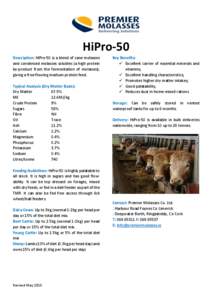 HiPro-50 Description: HiPro-50 is a blend of cane molasses and condensed molasses solubles (a high protein by-product from the fermentation of molasses), giving a free-flowing medium protein feed. Typical Analysis (Dry M