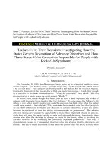 Peter C. Harman: ‘Locked-In’ to Their Decisions: Investigating How the States Govern Revocation of Advance Directives and How Three States Make Revocation Impossible for People with Locked-In Syndrome HASTINGS SCIENC