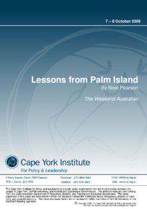 7 – 8 October[removed]Lessons from Palm Island