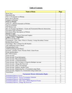 Table of Contents Name of Item Home Page Main Menu Bar View A Tournament on Website Rules Tab on Website