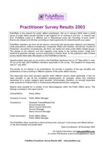 Practitioner Survey Results 2003 PubAffairs is the network for public affairs practitioners. Set up in January 2002 when a small group of public affairs people decided to get together for an evening in the pub - a networ