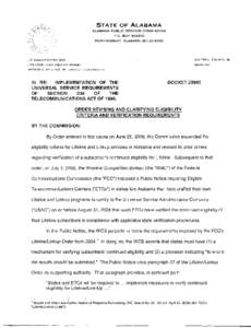 STATE OF ALABAMA ALABAMA PUBLIC SERVICE COMMISSION P.O. BOX[removed]MONTGOMERY, ALABAMA[removed]JIM SULLIVAN, PRESIDENT WALTER L THOMAS, JR. JAN COOK, ASSOCIATE COMMISSIONER SECRETARY