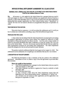 NOTICE OF PROPOSED SETTLEMENT AGREEMENT AND HEARING IN A CLASS ACTION
[removed]NOTICE OF PROPOSED SETTLEMENT AGREEMENT AND HEARING IN A CLASS ACTION