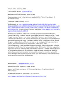 Volume 2, No. 2 (springChristopher M. Bruner,  Washington and Lee University School of Law Corporate Governance in the Common-Law World: The Political Foundations of Shareholder Power Cambridge Univ