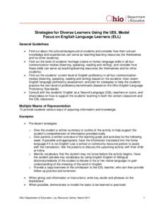 Strategies for Diverse Learners Using the UDL Model Focus on English Language Learners (ELL) General Guidelines • •