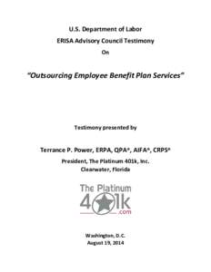 U.S. Department of Labor ERISA Advisory Council Testimony On “Outsourcing Employee Benefit Plan Services”