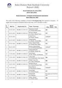 Baba Ghulam Shah Badshah University Rajouri (J&K) Result Notification No. 443 of 2014 Dated: [removed]Result of Semester – IV Regular End-of-Semester Examination held in May-June, 2014