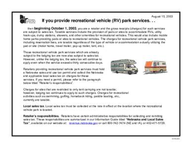 August 15, 2003 nebraska department of revenue  If you provide recreational vehicle (RV) park services. . .
