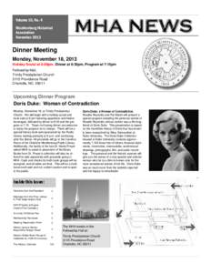 Volume 10, No. 4 Mecklenburg Historical Association November[removed]Dinner Meeting