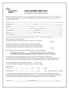 OHIO BUSINESS WEEK 2014 Company Advisor Application ________________________________________________________________________________________________________________ Please complete this application in its entirety, inclu
