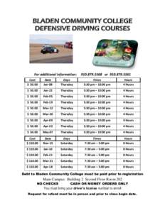BLADEN COMMUNITY COLLEGE DEFENSIVE DRIVING COURSES For additional information:  [removed]or[removed]
