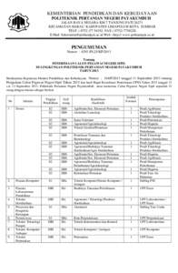 KEMENTERIAN PENDIDIKAN DAN KEBUDAYAAN POLITEKNIK PERTANIAN NEGERI PAYAKUMBUH JALAN RAYA NEGARA KM.7 TANJUNG PATI[removed]KECAMATAN HARAU KABUPATEN LIMAPULUH KOTA SUMBAR TELP[removed][removed]FAX[removed]E.Mail Se