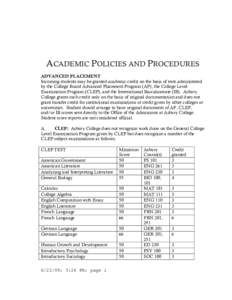 ACADEMIC POLICIES AND PROCEDURES ADVANCED PLACEMENT Incoming students may be granted academic credit on the basis of tests administered by the College Board Advanced Placement Program (AP), the College Level Examination 