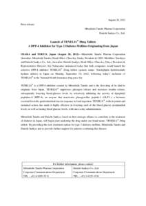 August 28, 2012 Press release: Mitsubishi Tanabe Pharma Corporation Daiichi Sankyo Co., Ltd.  Launch of TENELIA® 20mg Tablets