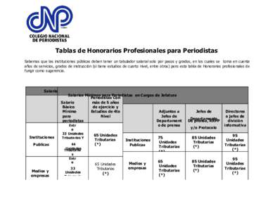 Tablas de Honorarios Profesionales para Periodistas Sabemos que las instituciones públicas deben tener un tabulador salarial solo por pasos y grados, en los cuales se toma en cuenta años de servicios, grados de instruc