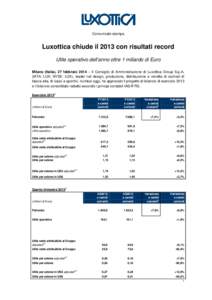 Comunicato stampa  Luxottica chiude il 2013 con risultati record