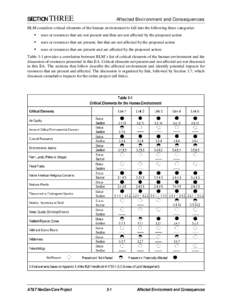 SECTION THREE  Affected Environment and Consequences BLM considers critical elements of the human environment to fall into the following three categories: §