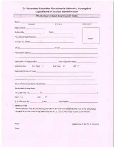 Dr. Babasaheb AmbedkarMarathwadaUniversity,Aurangabad Departmentof TourismAdministration Form Ph.D. CourseWork Registration Name