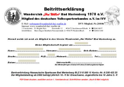 Beitrittserklärung Wanderclub „Hui Wäller“ Bad Marienberg 1978 e.V.  Mitglied des deutschen Volkssportverbandes e.V. im IVV