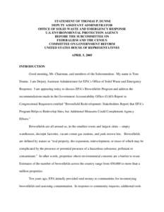 EPA: OCIR: Statement of Thamas P. Dunne, Deputy Assistant Administrator, OSWER, USEPA, April 05, 2005