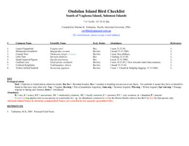 Ondolau Island Bird Checklist South of Vaghena Island, Solomon Islands49s80e Compiled by Michael K. Tarburton, Pacific Adventist University, PNG. [To communicate: please re-type e-mail address] #