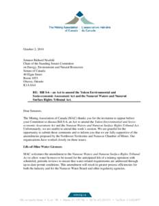 October 2, 2014  Senator Richard Neufeld Chair of the Standing Senate Committee on Energy, Environment and Natural Resources Senate of Canada