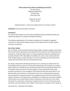 Draft Meeting Summary | September 18, 2013 | EPA Housatonic River Citizens Coordinating Council (CCC) Meeting, Lenox, MA 02140