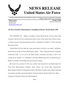 NEWS RELEASE United States Air Force HEADQUARTERS AIR FORCE REAL PROPERTY AGENCY, 2261 Hughes Ave Ste 121, Lackland AFB TX[removed]Telephone: ([removed]Fax: ([removed]Media Contact: