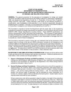 Appendix A1 October 28, 2005 STATE OF OKLAHOMA DEPARTMENT OF TRANSPORTATION SPECIFICATIONS FOR THE GEOTECHNICAL INVESTIGATION OF BRIDGES AND RELATED STRUCTURES