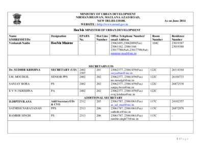 MINISTRY OF URBAN DEVELOPMENT NIRMAN BHAWAN, MAULANA AZAD ROAD, NEW DELHI[removed]WEBSITE : http://www.moud.gov.in  As on June 2014