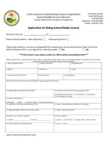 Turks and Caicos Islands Department of Agriculture Animal Health Services Division Animal Establishment Inspection Programme 16 Paradise Avenue Butterfield Square