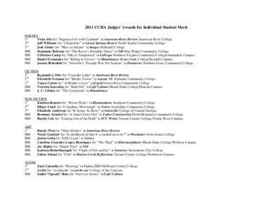 2011 CCHA Judges’ Awards for Individual Student Merit POETRY 1st Viola Allo for “Nigerian Girl with Calabash” in American River Review American River College 2nd Jeff Williams for “Chopsticks” in Licton Springs