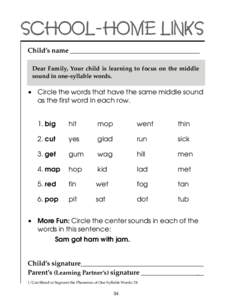 SCHOOL-HOME LINKS Child’s name ______________________________________ Dear Family, Your child is learning to focus on the middle sound in one-syllable words.  • Circle the words that have the same middle sound