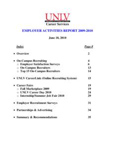 Career Services EMPLOYER ACTIVITIES REPORT[removed]June 18, 2010 Index  Page #