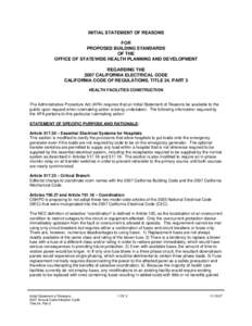 INITIAL STATEMENT OF REASONS FOR PROPOSED BUILDING STANDARDS OF THE OFFICE OF STATEWIDE HEALTH PLANNING AND DEVELOPMENT REGARDING THE