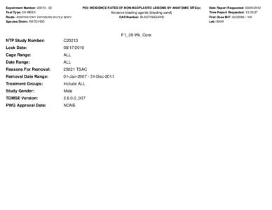 Experiment Number: [removed]Test Type: 39-WEEK P03: INCIDENCE RATES OF NON-NEOPLASTIC LESIONS BY ANATOMIC SITE(a)  Abrasive blasting agents (blasting sand)
