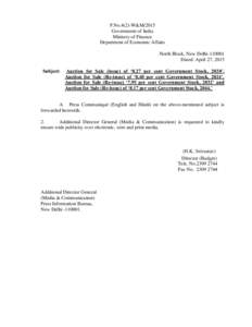 F.No.4(2)-W&M/2015 Government of India Ministry of Finance Department of Economic Affairs North Block, New DelhiDated: April 27, 2015