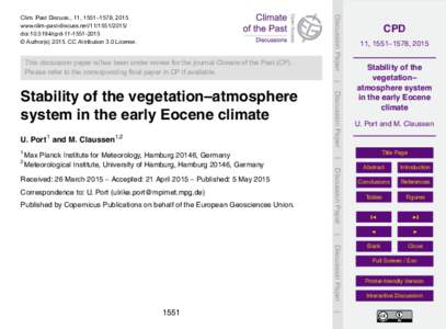 This discussion paper is/has been under review for the journal Climate of the Past (CP). Please refer to the corresponding final paper in CP if available. Discussion Paper  Clim. Past Discuss., 11, 1551–1578, 2015