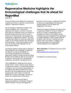 Regenerative Medicine highlights the immunological challenges that lie ahead for RegenMed