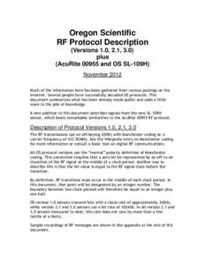 Oregon Scientific RF Protocol Description (Versions 1.0, 2.1, 3.0) plus (AcuRite[removed]and OS SL-109H) November 2012