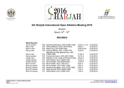 6th Sharjah International Open Athletics Meeting 2016 Sharjah March 14th - 15th RECORDS World Records 100 m women