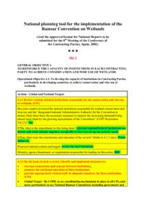 National planning tool for the implementation of the Ramsar Convention on Wetlands (And the approved format for National Reports to be submitted for the 8th Meeting of the Conference of the Contracting Parties, Spain, 20