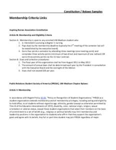 Constitution / Bylaws Samples  Membership Criteria Links Aspiring Nurses Association Constitution Article III. Membership and Eligibility Criteria